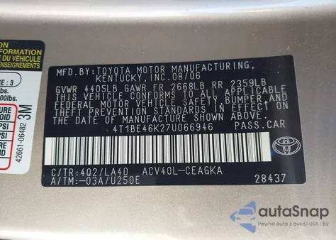 2007 Toyota Camry Xle from USA, damaged, VIN 4T1BE46K27U066946